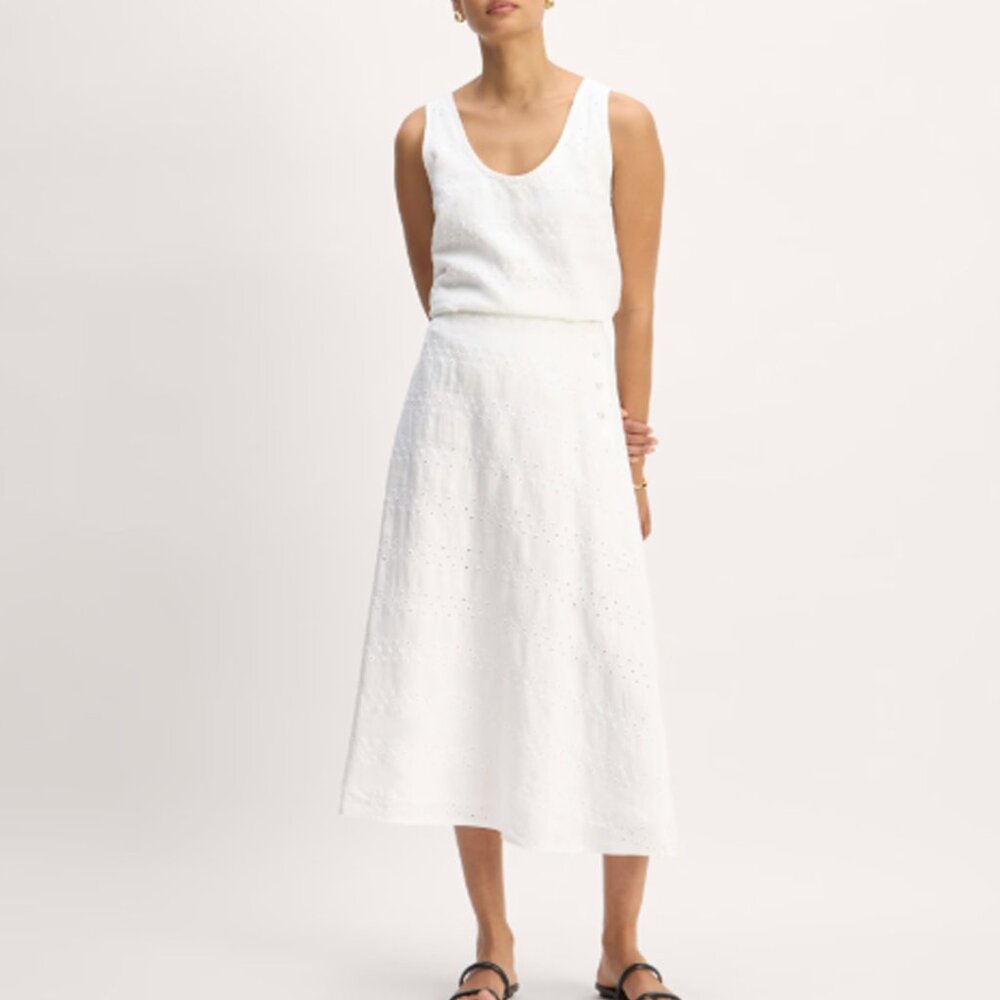 NWT Everlane The Linen Eyelet Midi Skirt White - 2